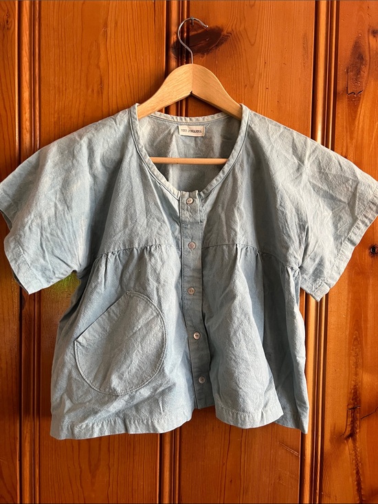 Hey Johanna Tops - Hey Johanna Handmade & Hand-Dyed Baby Blue Cropped Peplum Button Up Top